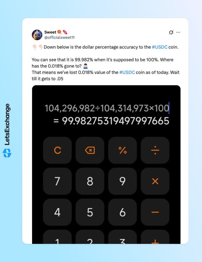 Insight into the current price of the USDC stablecoin by a crypto analyst on X